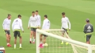 Cristiano Ronaldo trains his skills during Real Madrid training
